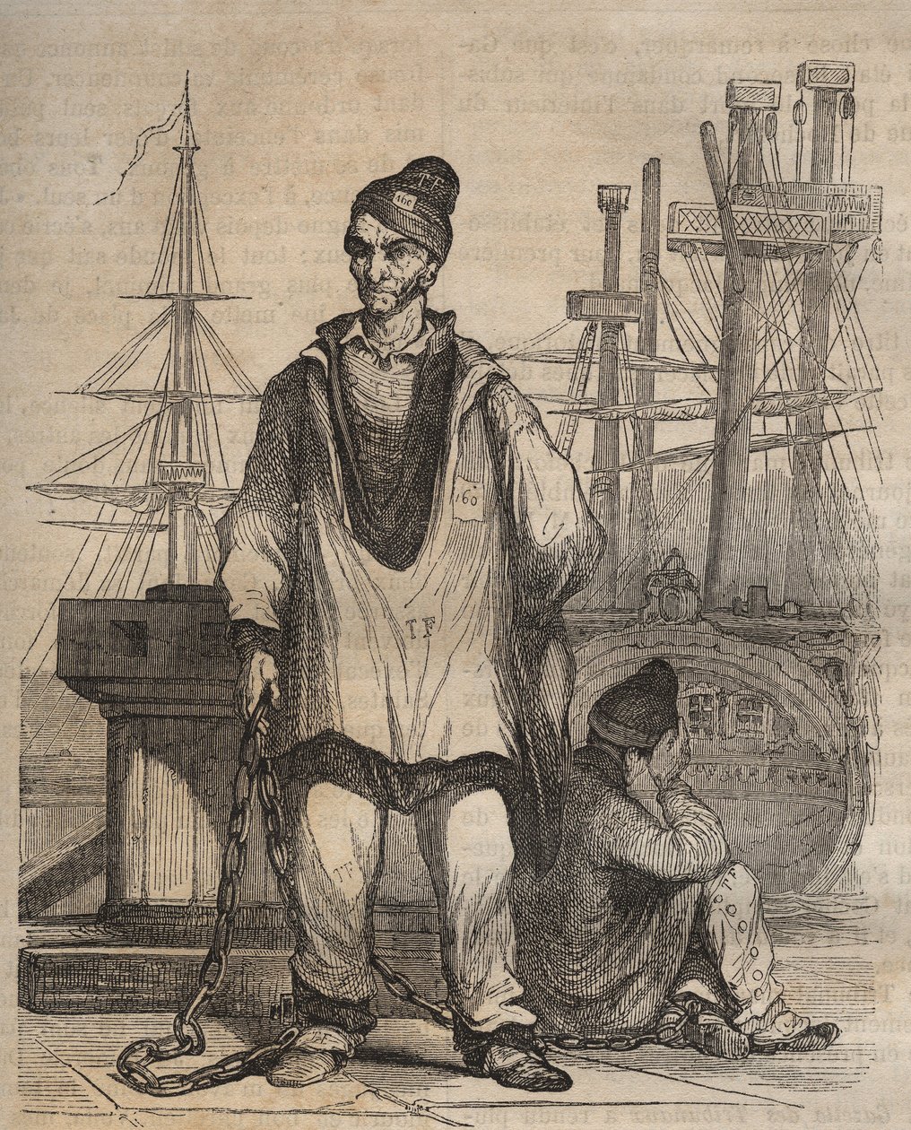 Ikuisia tuomioita Rochefort Bagnessa 1800-luvulla. Kaiverrus "Vankiloiden historiasta niiden luomisesta nykypäivään" (1877), Pierre Zaccone (1817-1895) (Colonia Penale - Rangaistussiirtokunta) tekijältä Anonymous Anonymous