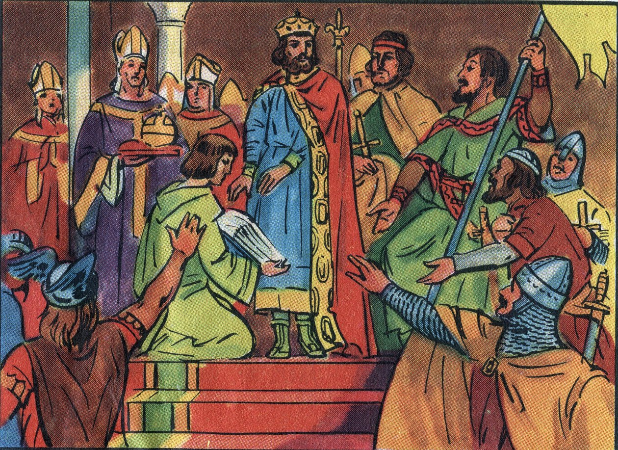 Hugues Capetin (941-996) kruunaus Noyonissa vuonna 987, Adalberon (n. 925-990), Reimsin arkisto. Tämä kruunaus merkitsi Kapetians-dynastian alkua, Ranskan kuninkaat, jotka palasivat joko suoraan tai epäsuorasti 8 vuodeksi. Anonyymi kuvitus tekijältä Anonymous Anonymous
