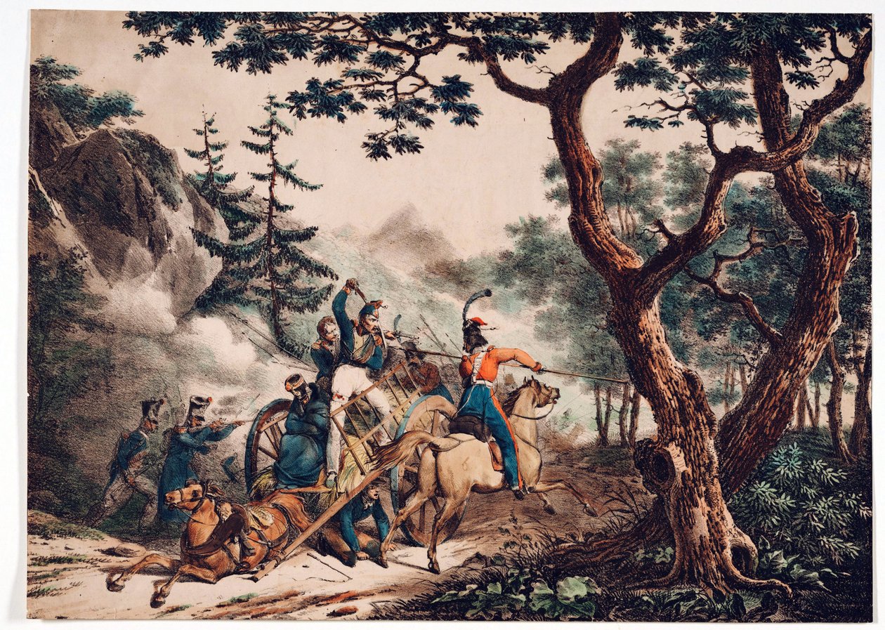 Kasakat hyökkäämässä ranskalaisten sotilaiden kimppuun metsässä - Nimetön - 1825 - Värilitografia - 52x72 - Yksityiskokoelma tekijältä Anonymous Anonymous