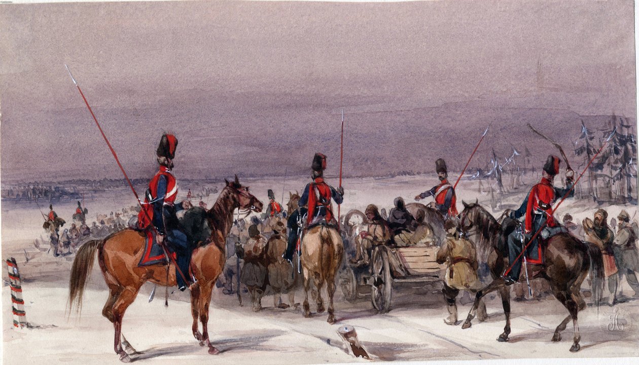 Karkotettuja saattaneet kasakat - Nimetön - 1831 - Vesiväri paperille - 13,9x24,3 - Yksityiskokoelma tekijältä Anonymous Anonymous