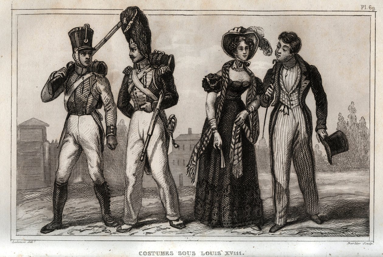Puvut Louis XVIII:n alaisuudessa. Kaiverrus vuodelta 1859 Le Mondessa. Kaikkien kansojen historia kaukaisimmista ajoista nykypäivään." kirjoittanut M. E. de Lostalot-Bachoue (Lostalot Bachoue). Yksityinen kokoelma. tekijältä Anonymous Anonymous