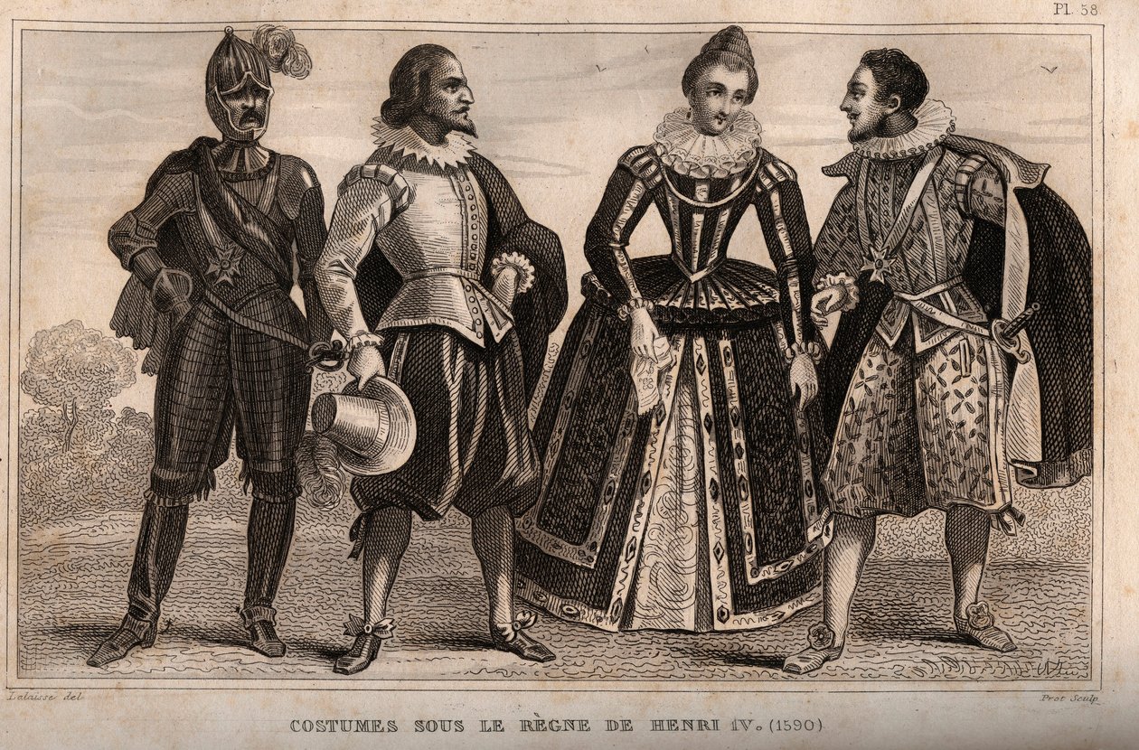 Henry IV:n vallan alaiset puvut (1590). Kaiverrus vuodelta 1859 Le Mondessa. Kaikkien kansojen historia kaukaisimmista ajoista nykypäivään." M. E. de Lostalot-Bachoue (Lostalot Bachoue). Yksityinen kokoelma. tekijältä Anonymous Anonymous
