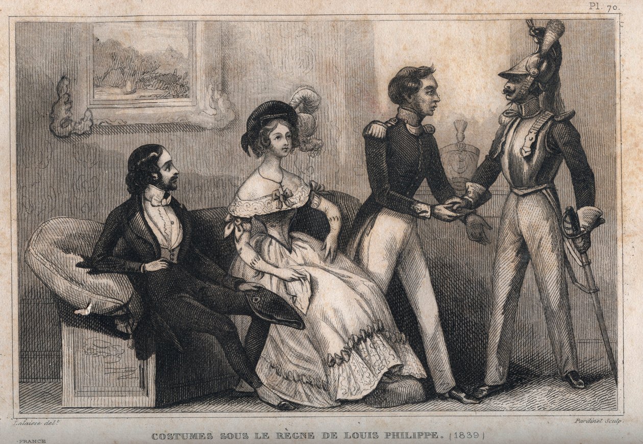 Puvut Louis Philippen vallan alla (1839). Kaiverrus vuodelta 1859 Le Mondessa. Kaikkien kansojen historia kaukaisimmista ajoista nykypäivään." M. E. de Lostalot-Bachoue (Lostalot Bachoue). Yksityinen kokoelma. tekijältä Anonymous Anonymous