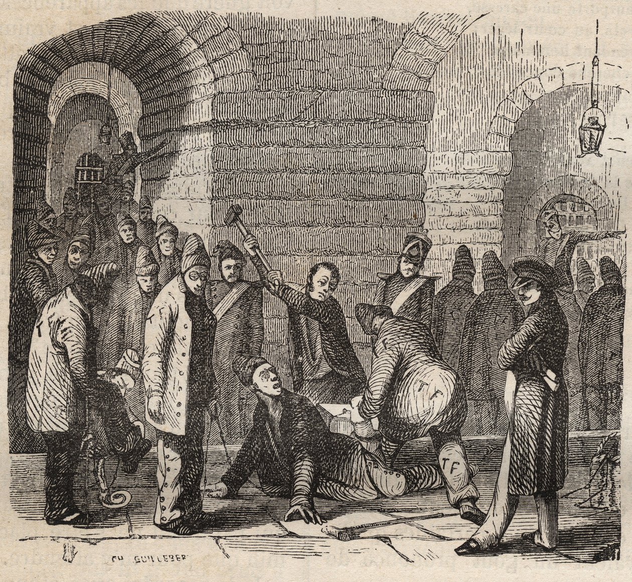 Kytkentä Rochefort bagnessa 1800-luvulla. Pierre Zacconen (1817-1895) (1817-1895) (Colonia Penale - Penal Colony) kaiverrus kirjaan ”Vangoitujen historia heidän luomisestaan ​​nykypäivään” (1877). Yksityinen kokoelma. tekijältä Anonymous Anonymous