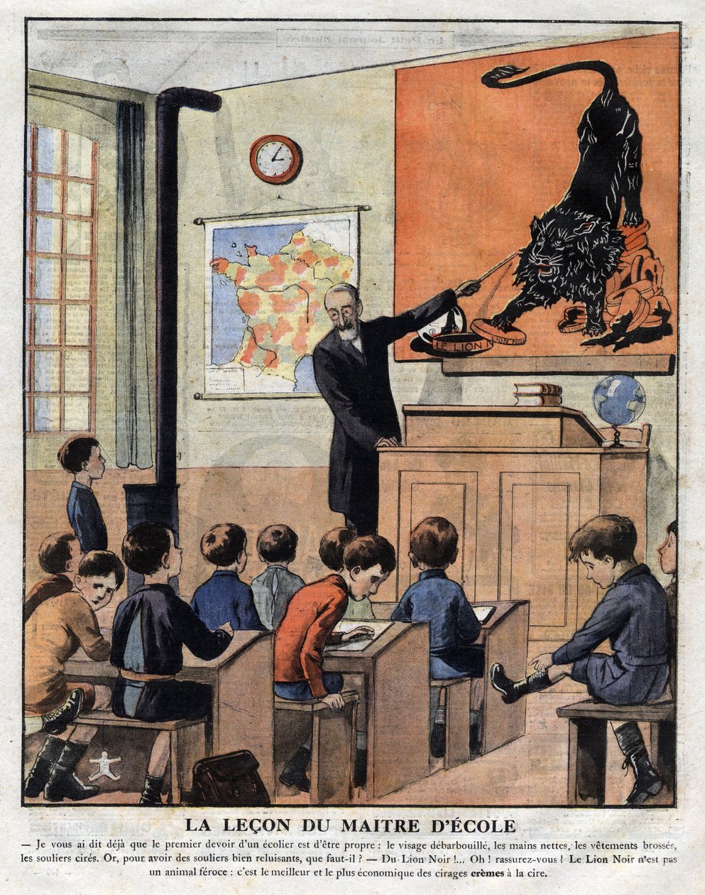 Hyvien tapojen kurssit koulussa, opettaja opettaa koululaisille, miten kiillotusaine saa kengät kiiltämään. Mainoskuvitus "" Le petit Journal" -julkaisusta 29.11.1925 Kokoelma privee tekijältä Anonymous Anonymous