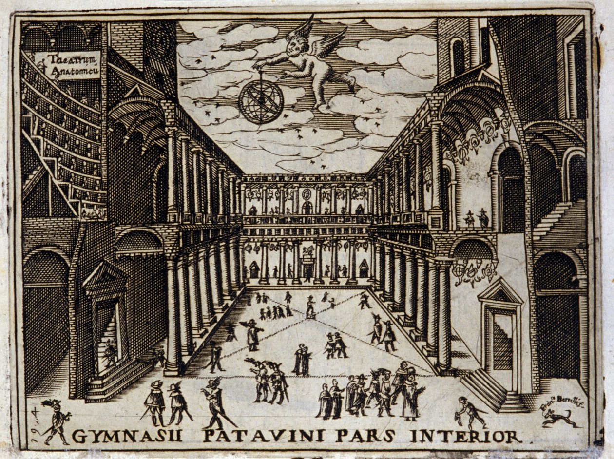 Padoun yliopiston (Padova) tuomioistuin Italiassa 1600-luvulla. Anonyymi kaiverrus 1600-luvulta. Milanolainen. tekijältä Anonymous Anonymous