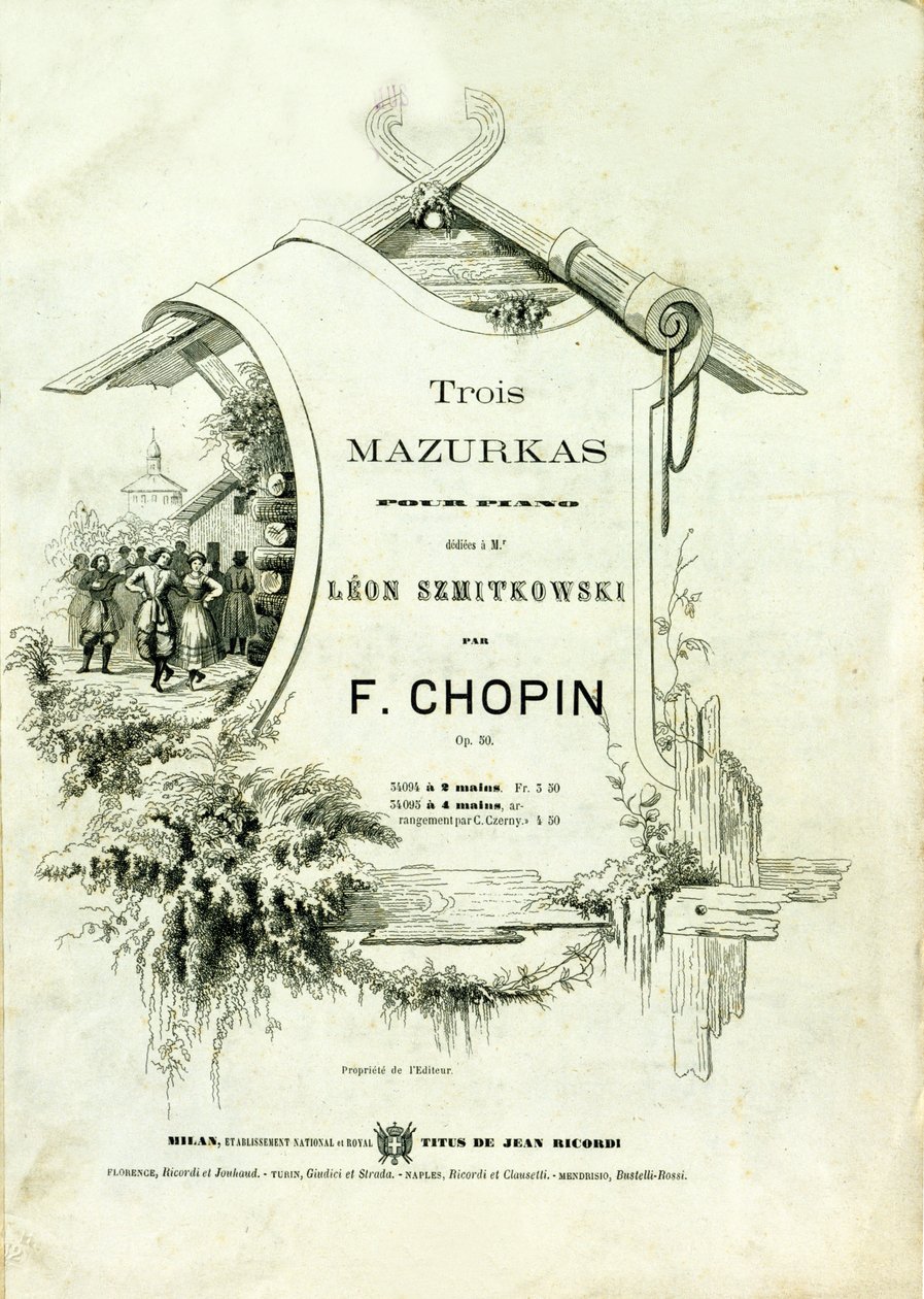 Frederic Chopinin (1810-1849) säveltämän Leon Szmitkowskille omistetun kappaleen ”Three mazurka for piano, Opus 50” kansikuva. tekijältä Anonymous Anonymous
