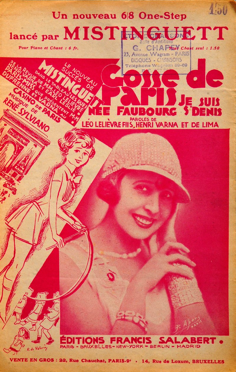 Kansi kappaleesta "Gosse de Paris", jonka laulaa Mistinguett (Mistinguette) (1875 - 1956), ranskalainen laulaja tekijältä Anonymous Anonymous