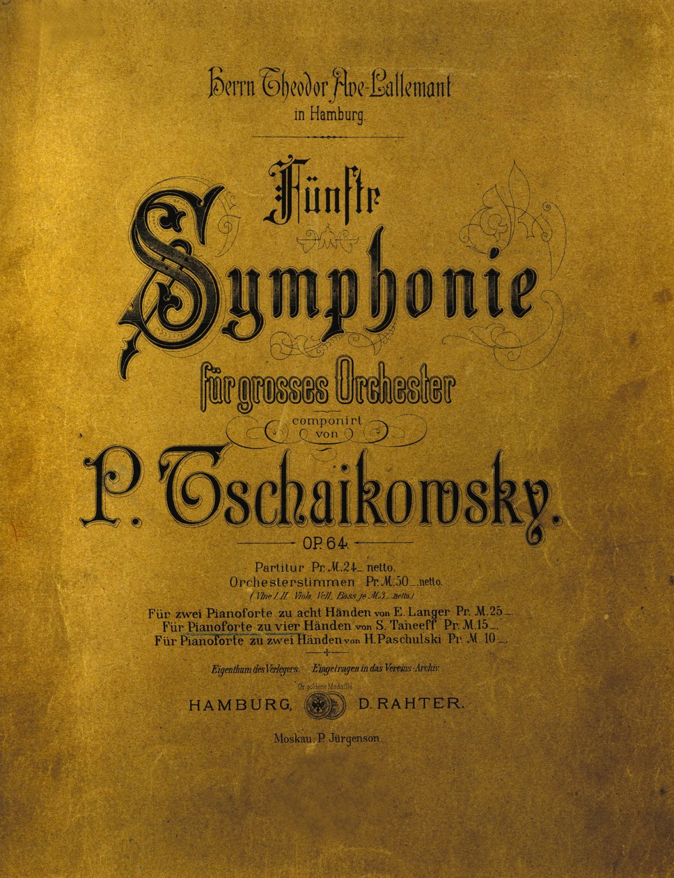 Kansi sinfonian partituurista n. 5 e-molli Opus 64 Piotr tai Petr Ilyich Tchaikovsky (tai Tchaikovsky tai Ciajkovskij tai Tchaikowsky tekijältä Anonymous Anonymous