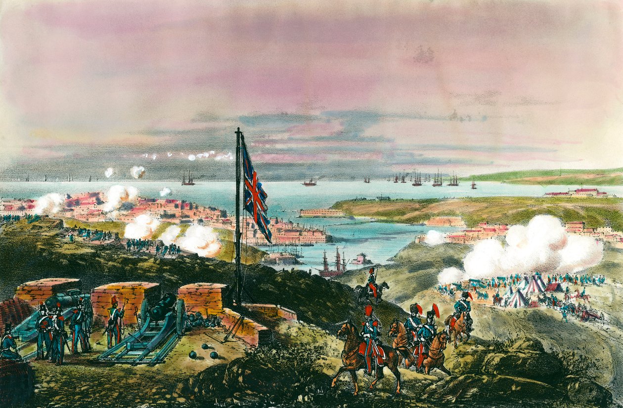 Krimisota (1853-1856) Venäjän ja Ottomaanien valtakunnan välillä: ranskalaiset ja britit liittoutuivat turkkilaisten kanssa piirittääkseen Venäjän Sebastopolin satamaa 17.10.1854-8.9.1855. Näkymä Englannin rintamalta. Kaiverrus 1800-luvulta. Priva tekijältä Anonymous Anonymous