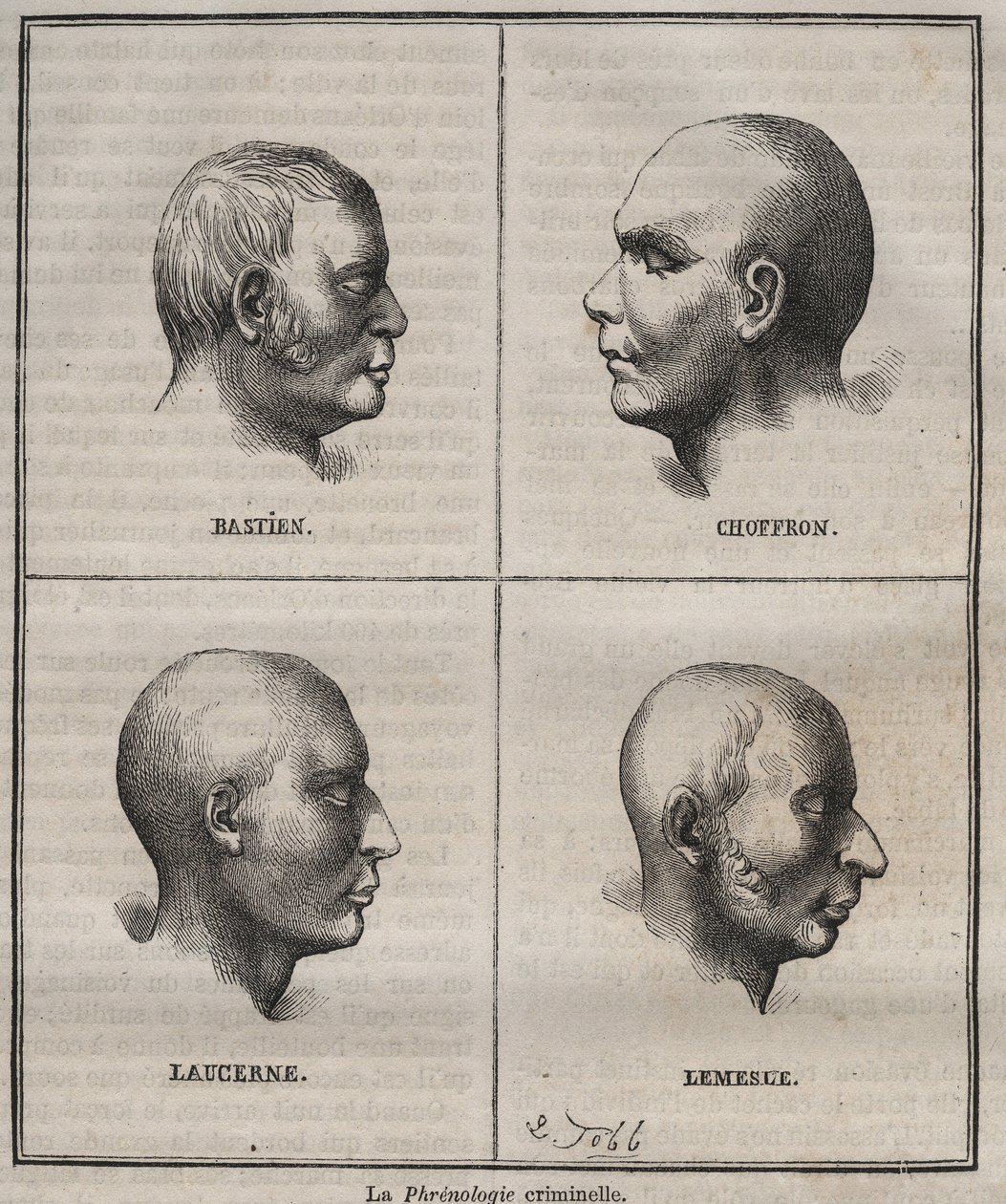 Criminal Phrenology in Brest Bagne (muotokuvia, jotka kuvaavat erityyppisten rikollisten fysiologisia ominaisuuksia). Pierre Zacconen (1817-1895) kaiverrus kirjaan ”Vankien historia heidän luomisestaan ​​nykypäivään” (1877) (Colonia Penale - Penal tekijältä Anonymous Anonymous