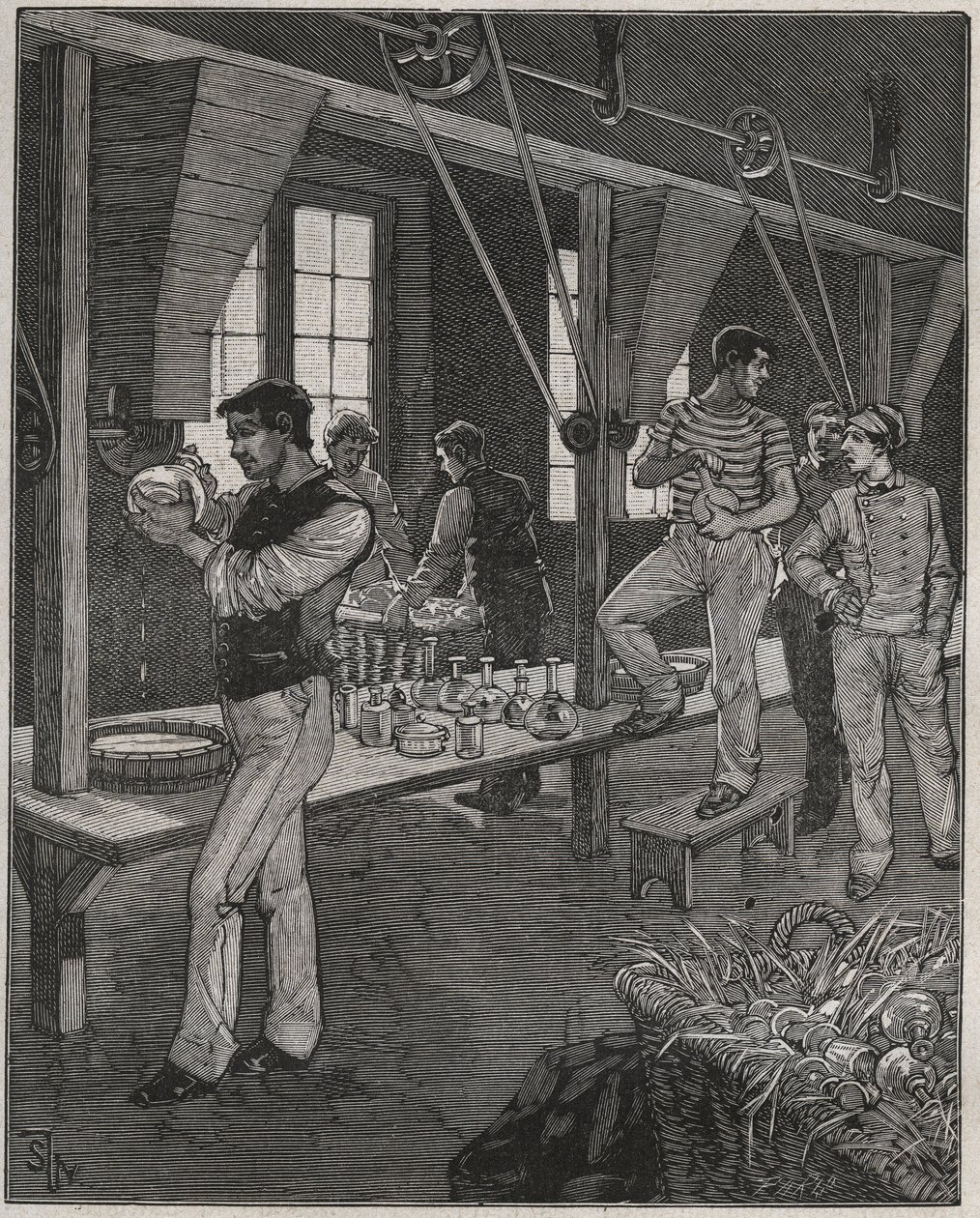 Kristallikaivertajien työpaja Ranskassa 1800-luvulla. Kaiverrus vuodelta 1885 kirjassa "Les arts et metiers illustres", kirjoittanut Adolphe BITARD. tekijältä Anonymous Anonymous