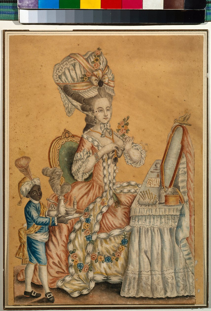 Nainen vessassa mustan pojan kanssa - Nimetön työ, Akvarelli paperille n. 1770 (29,2 x 21,2 cm) - Valtion Tretjakov-galleria, Moskova tekijältä Anonymous Anonymous
