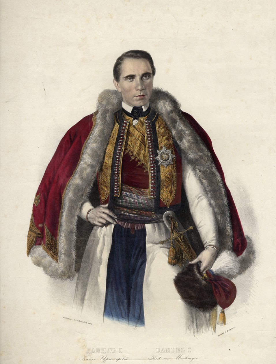 Daniel de Montenegro (1826-1860) (Danilo Aleksander Petrovic Njegos) - Danilo I, Montenegron prinssi - Nimetön - 1853 - Litografia, akvarelli - 40,7x30,9 - Yksityiskokoelma tekijältä Anonymous Anonymous