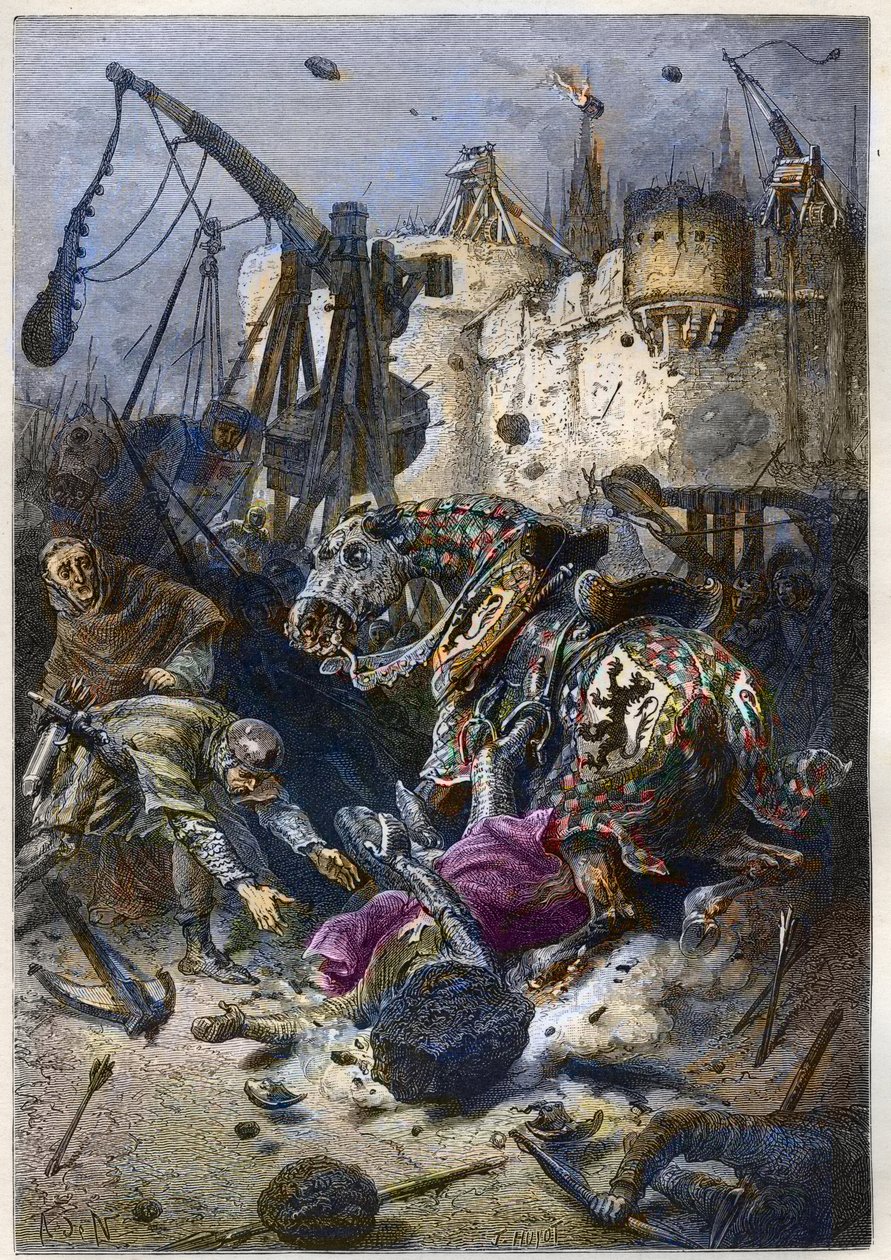 Simon IV:n Montfortista (1150-1218), ranskalaisen aristokraatin kuolema Toulousen kotipaikassa vuonna 1218 - Simon de Montfortin kuolema Toulousen taistelun aikana, 25. kesäkuuta tekijältä Anonymous Anonymous