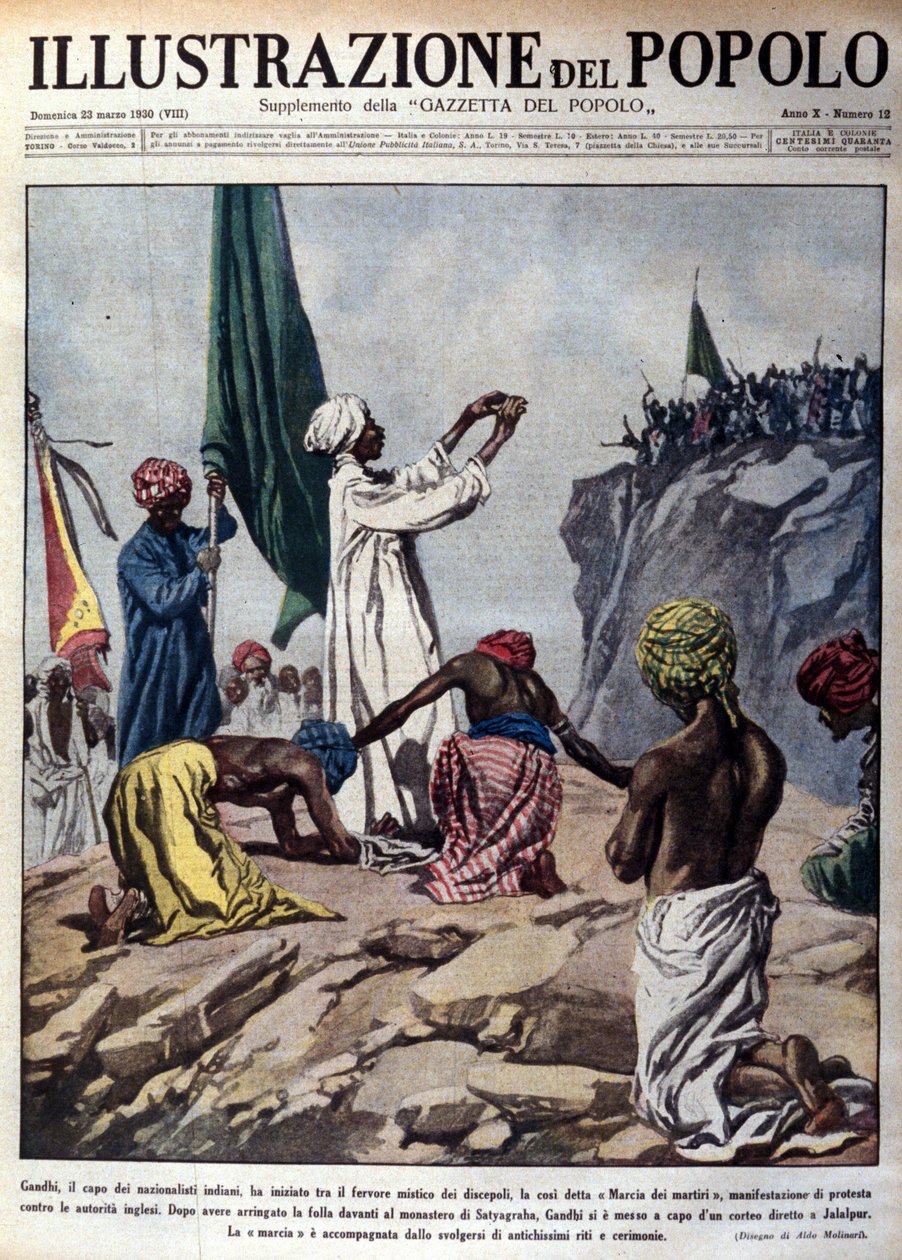 Poliittisen johtajan Mohandas Karamchand Gandhin (1869-1948) johtama mielenosoitus Englannin viranomaisia vastaan, ja se kuvaa seremoniaa niin kutsutun marttyyrien marssin aikana Jalaipuria kohti. Kuva otettu "" L