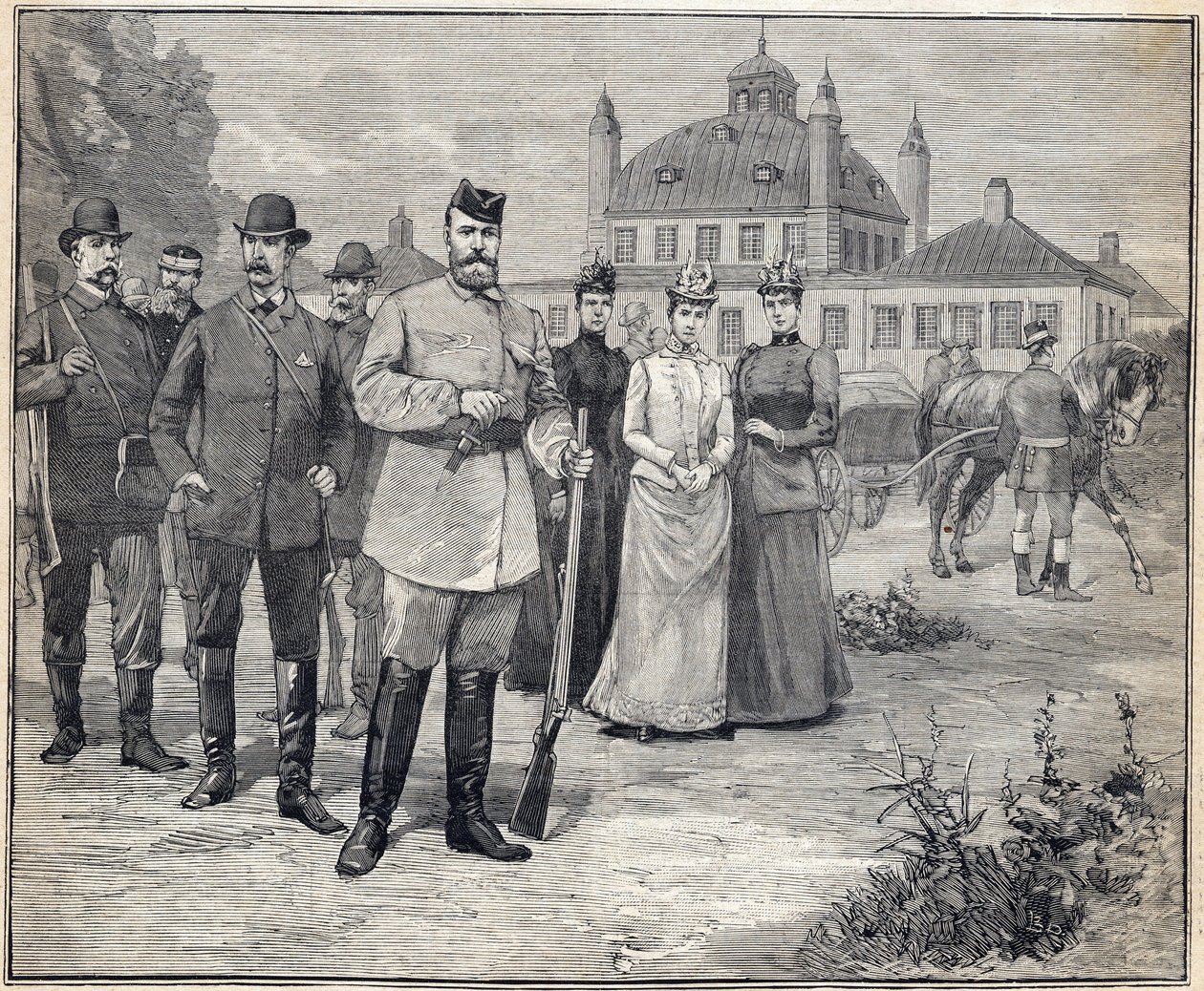 Lähti metsästämään Venäjän tsaari Nikolai II:ta (1868-1918) Fredensborgiin, Tanskaan. Kaiverrus kirjassa "" Le Petit Parisien"" 1893. tekijältä Anonymous Anonymous