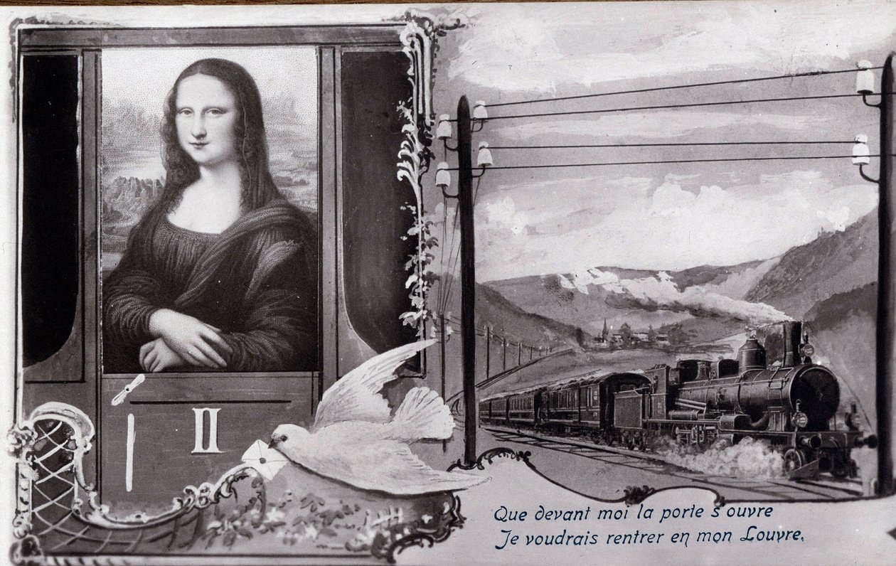 Leonard de Vincin (Leonardo da Vinci) (1452-1519) "" Mona Lisan" (Mona Lisa, Monna Lisa) kiertotieesitys:"" Maalausta esitetään junassa, joka haluaa löytää museonsa. Komediapostikortti, jonka muokkasi teoksen varkauden aikaan tekijältä Anonymous Anonymous