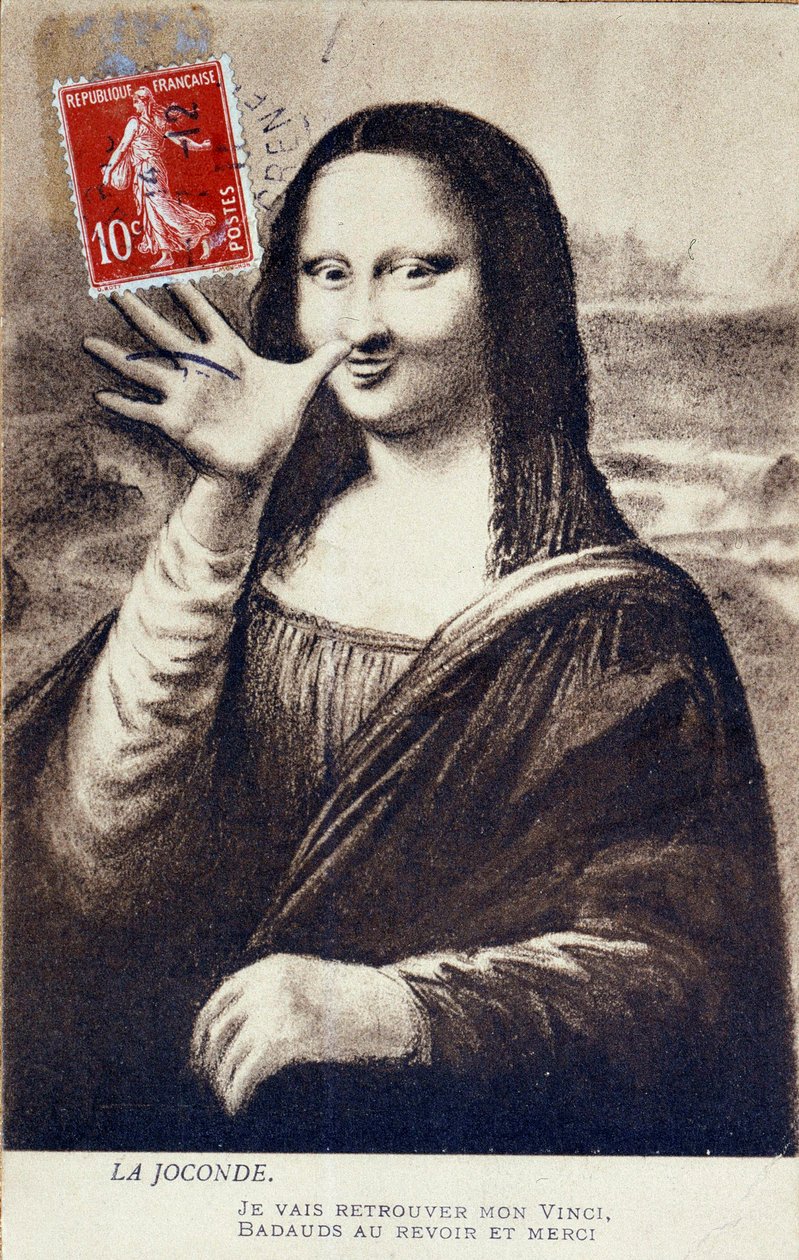 Leonardo da Vincin (Leonardo da Vinci) (1452-1519) "" Mona Lisan" kiertotieesitys: Mona Lisan (Monna Lisa) tervehdys merkitsee hänen lähtöään löytääkseen "" Vincinsä". Komediapostikortti editoitu Vincenzo Perin teoksen varkauden aika tekijältä Anonymous Anonymous