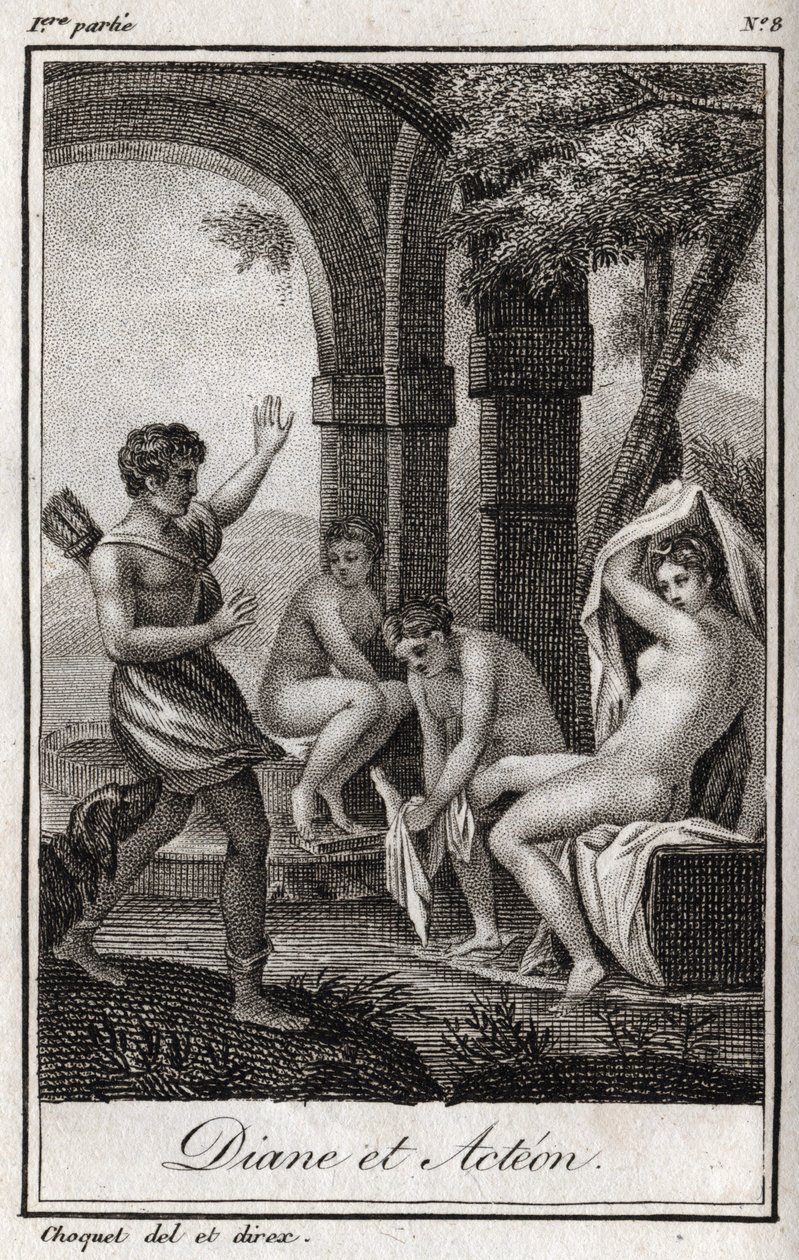 Diane ja Acteon (Diana ja Actaeon) Metsästäjä Acteon yllätti Dianen kylvyssä. Kaiverrus vuodelta 1819 Charles Albert Demoustier