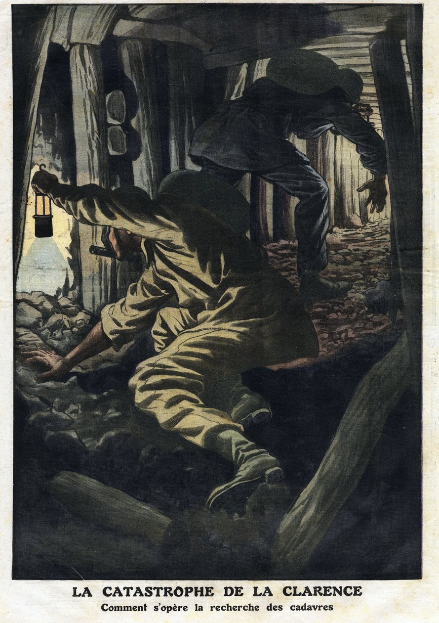 Clarencen kaivoksen (Nord pas de calais) katastrofi: Pelastustyöt yrittävät saada talteen palopatruunan räjähdyksen uhrien ruumiit. Kuva otettu "" Le Petite Journalista"" 22/09/1912 Yksityinen kokoelma. tekijältä Anonymous Anonymous