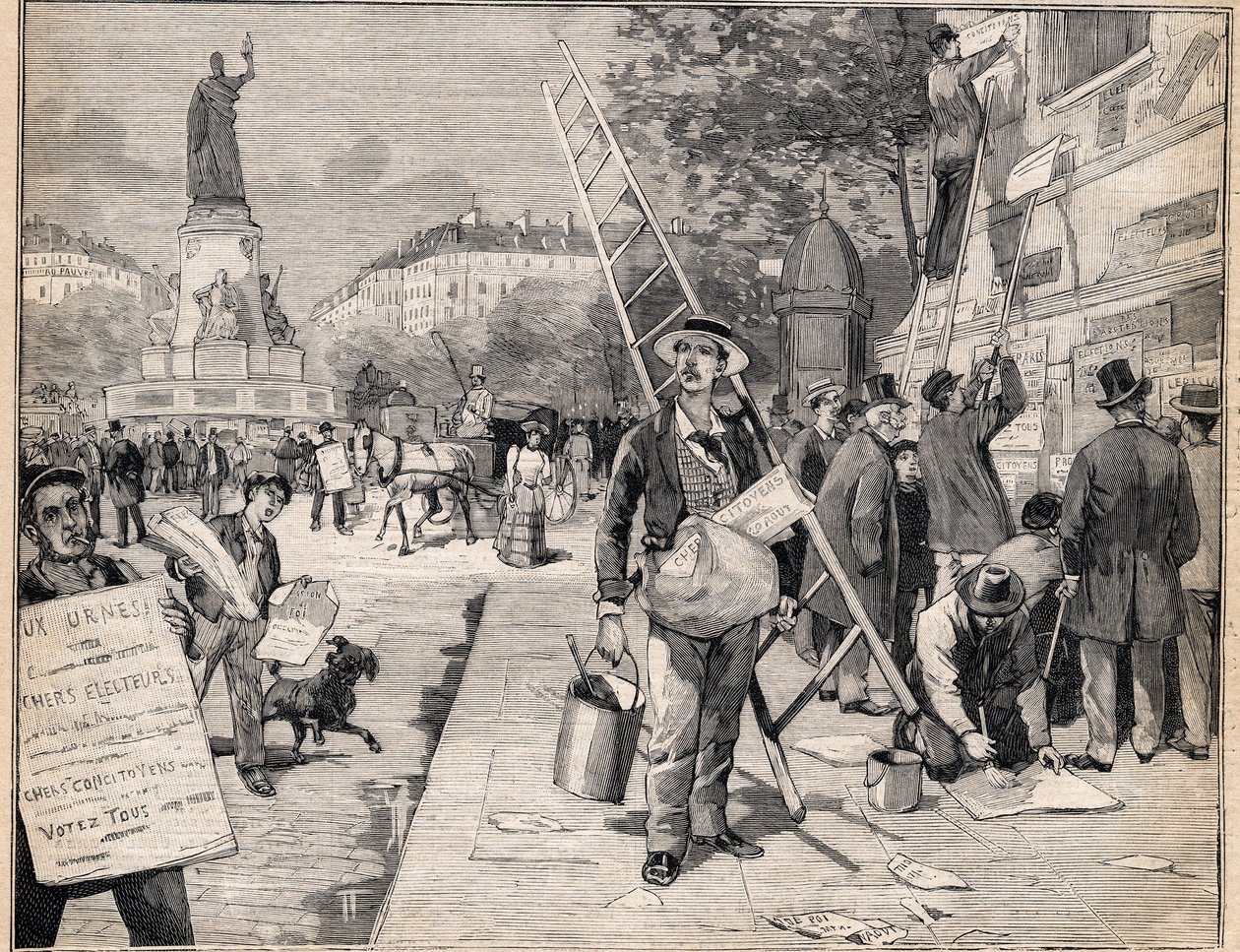 Näyttö vaalikaudella Ranskassa. Kaiverrus kirjassa "" Le Petit Parisien"" 20.8.1893. tekijältä Anonymous Anonymous