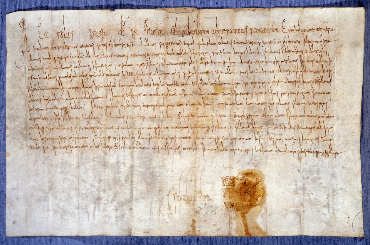 Kuningas Kaarle Suuren (Kaarle I, Kaarle Suuri tai Carolus Magnus) (742-814) lahjoitus Luzarchesin ja Mussyn alueelta Saint Denisin luostarille 25.2.775. Pariisi, Kansallisarkisto tekijältä Anonymous Anonymous