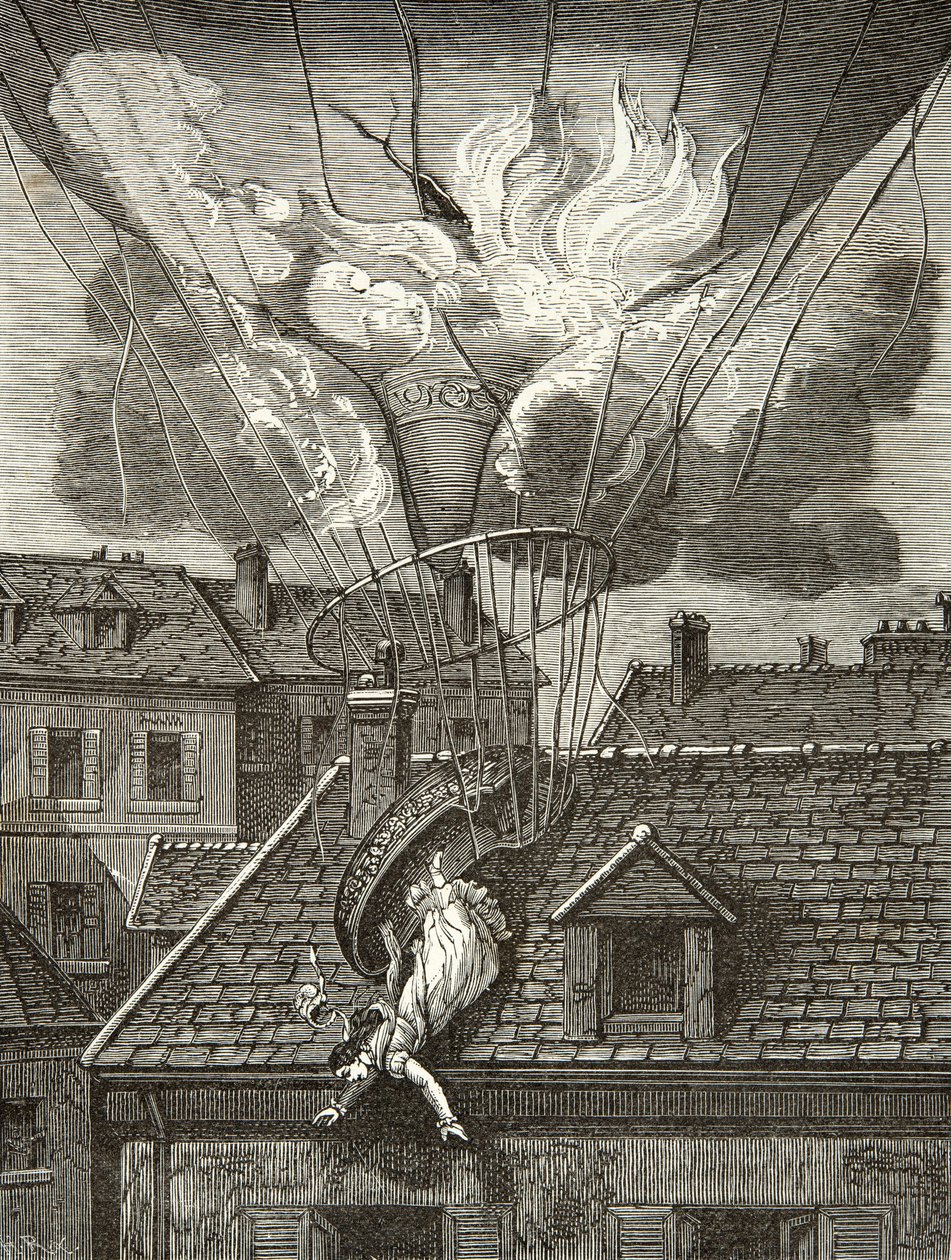 Madame Sophie Blanchardin (1778-1819), aeronautti, dramaattinen kuolema 6. heinäkuuta 1819 Tivolin puutarhan yläpuolella Pariisissa, kaiverrus, yksityinen kokoelma tekijältä Anonymous Anonymous