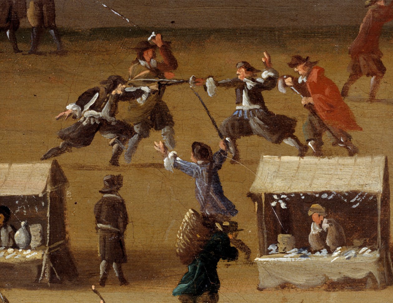 Kaksintaistelukohtaus Pont Neufissa Pariisissa 1600-luvun yksityiskohdassa. Anonyymi maalaus. Pariisi, Musee Carnavalet tekijältä Anonymous Anonymous