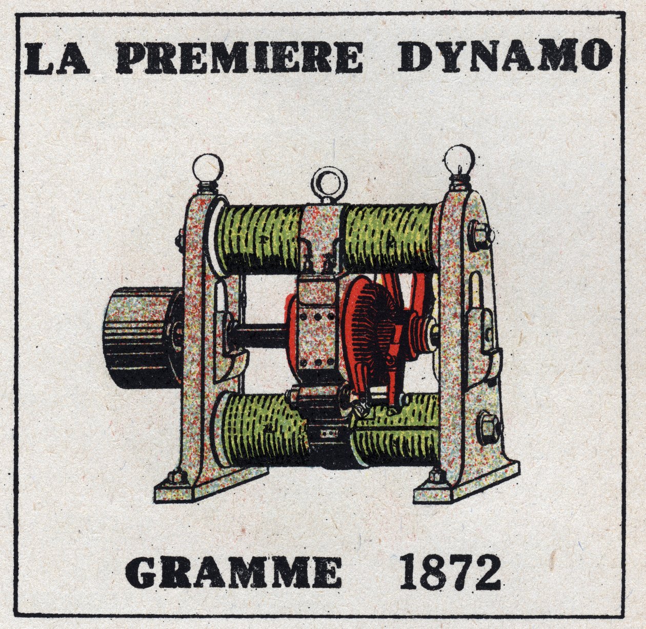 Dynamo: Zenobe Theophile Gramin (1826-1901) vuonna 1872 keksimä ensimmäinen dynamo. Nimetön kuvitus vuodelta 1925. Yksityinen kokoelma. tekijältä Anonymous Anonymous