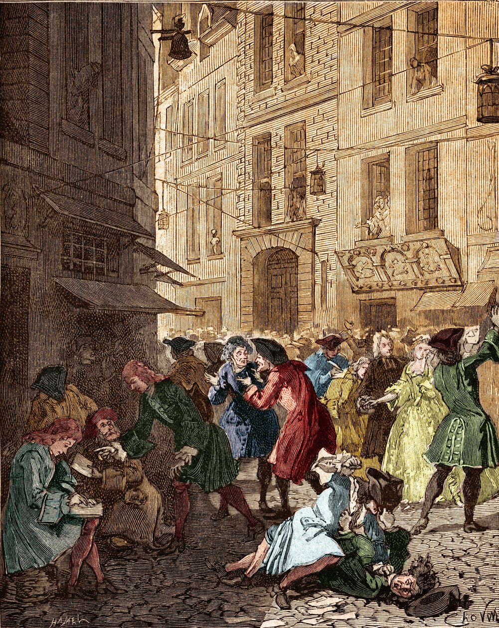 Talousjärjestelmä: spekulatiivinen kupla lakijärjestelmän aikaan, rue Quincampoix -kadun agiotorit - Paris IVth ardt. Quincampoix Street oli John Lawn järjestelmän aikaan (1671 - 1729). "" Agagiotage Quincampoix Streetillä ( konkurssi aiheutti tekijältä Anonymous Anonymous