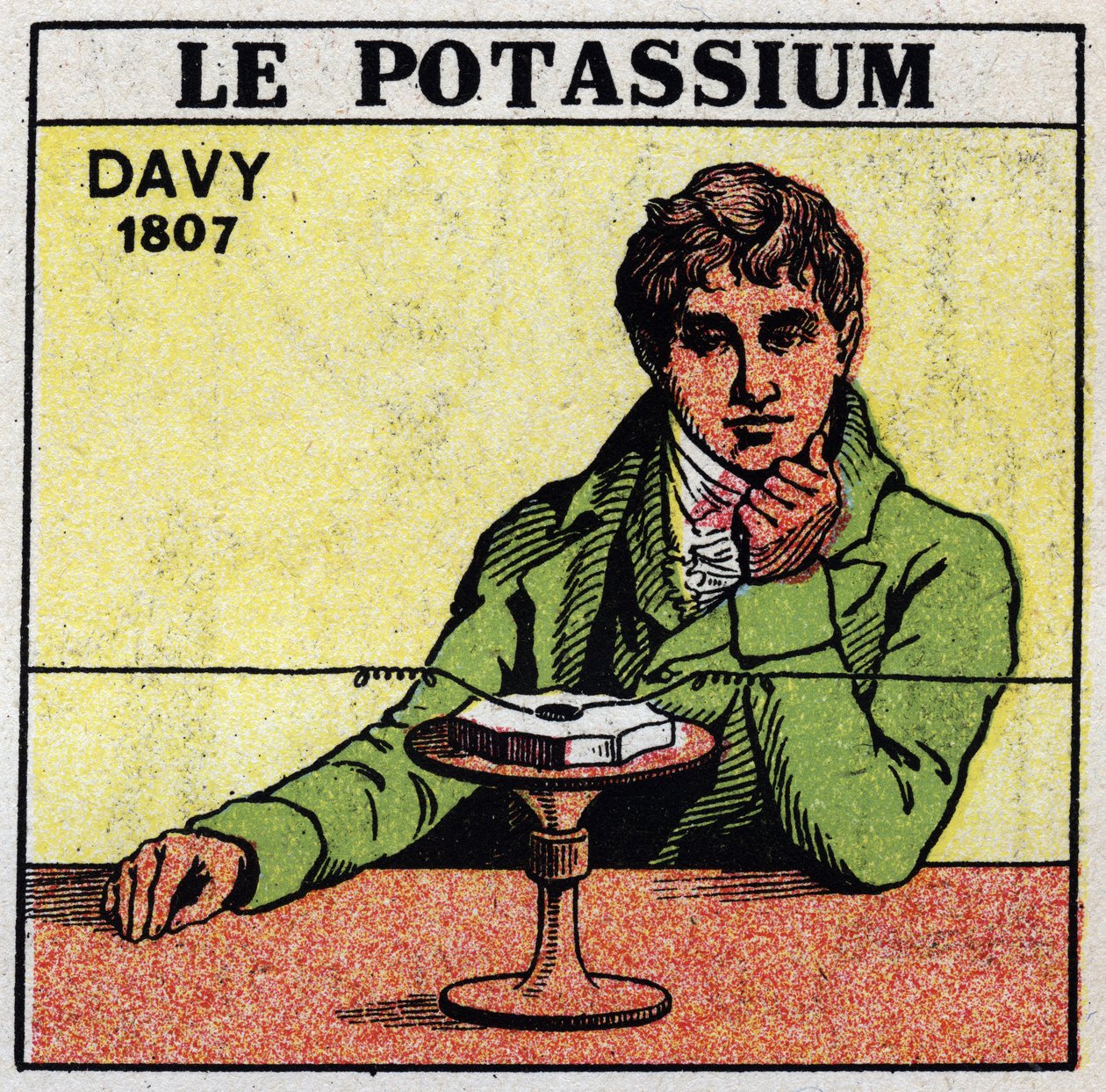 Sähkökemia: Sir Humphry Davy (1778-1829) potaskan (kaliumin) ja soodan hajottaminen vuonna 1807. Nimetön kuva vuodelta 1925. Yksityinen kokoelma. tekijältä Anonymous Anonymous