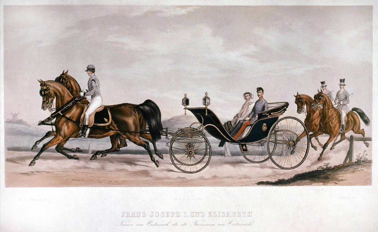 Elisabeth (Sissi) ja François Joseph I (1830 - 1916) Itävallasta vaunumatkalla. Kaiverrus 1800-luvulta. Yksityinen kokoelma tekijältä Anonymous Anonymous