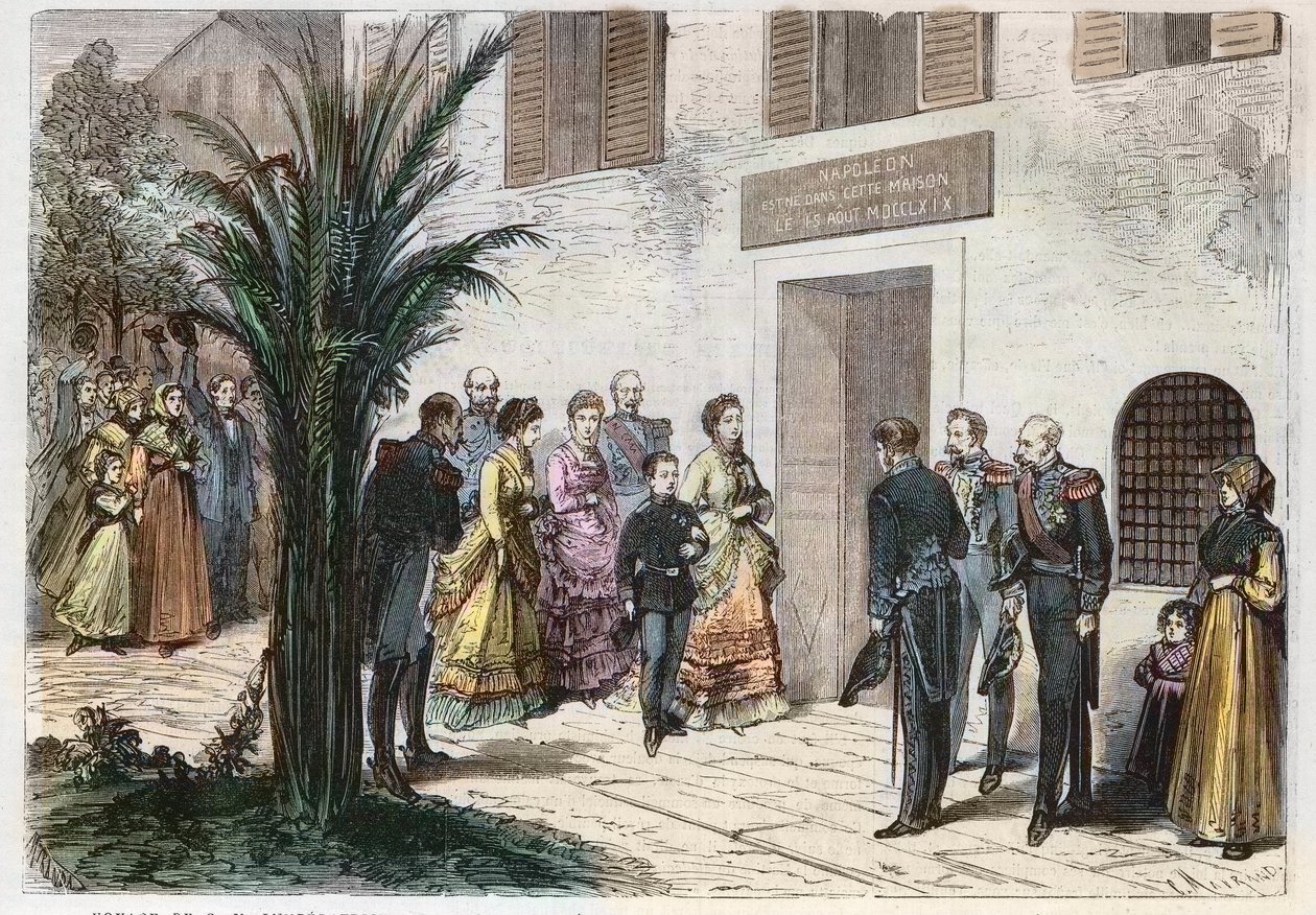 Keisarinna Eugenia ja prinssi keisarillinen Louis Napoleon vierailemassa talossa, jossa Napoleon I syntyi, Ajacciossa, Korsikassa, Ranskassa 1869 - keisarillisen ja keisarillisen prinssin matka - vierailu Napoleon I:n kotiin Ajaccioon - 1869 tekijältä Anonymous Anonymous