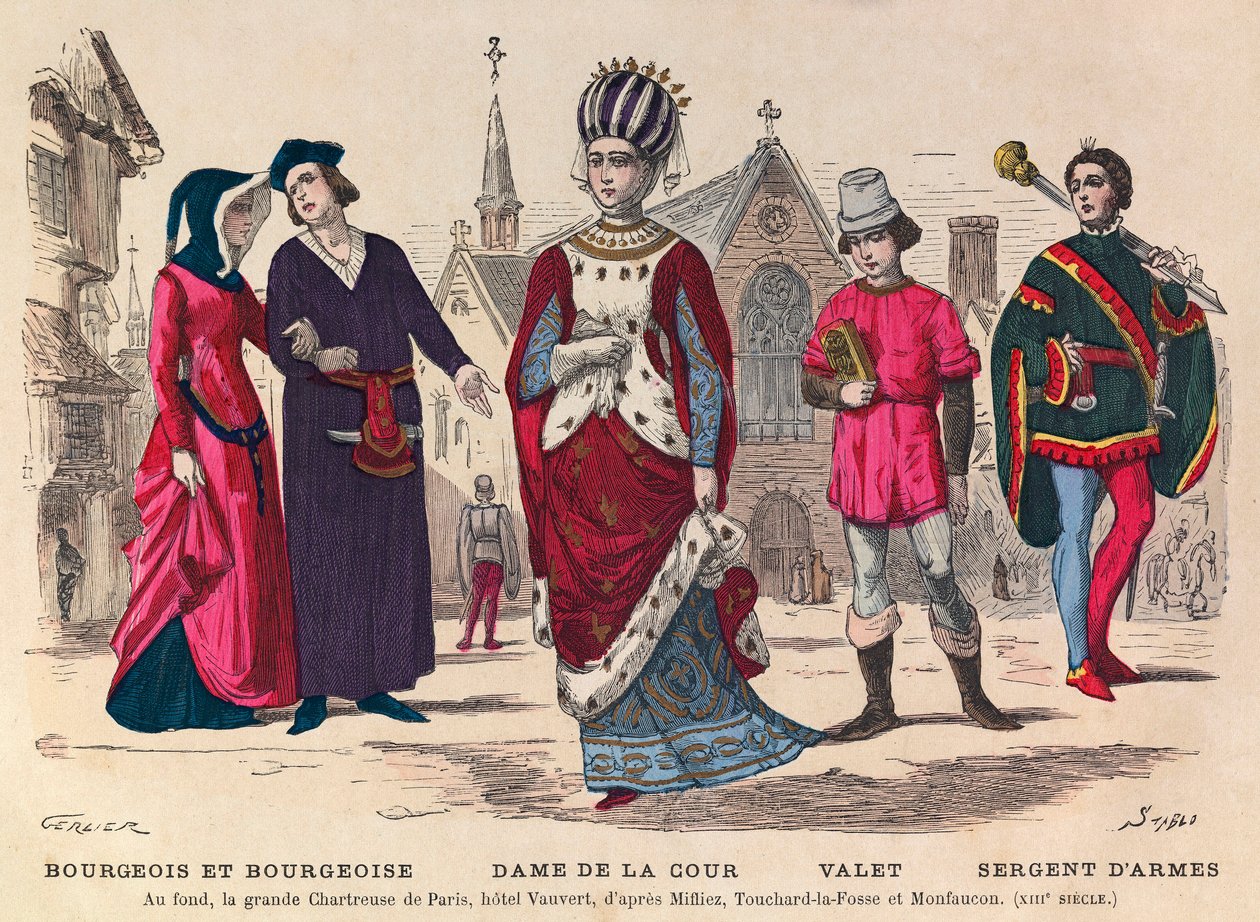 Kaiverrus - Bourgeois et bourgeoise, Lady of Court, palvelija, kersantti Pariisissa 1200-luvulla (taustalla la grande Chatreuse de Paris, hotelli Vauvert) - Hoviasut Ranskassa 1200-luvulla - yksityinen kokoelma tekijältä Anonymous Anonymous