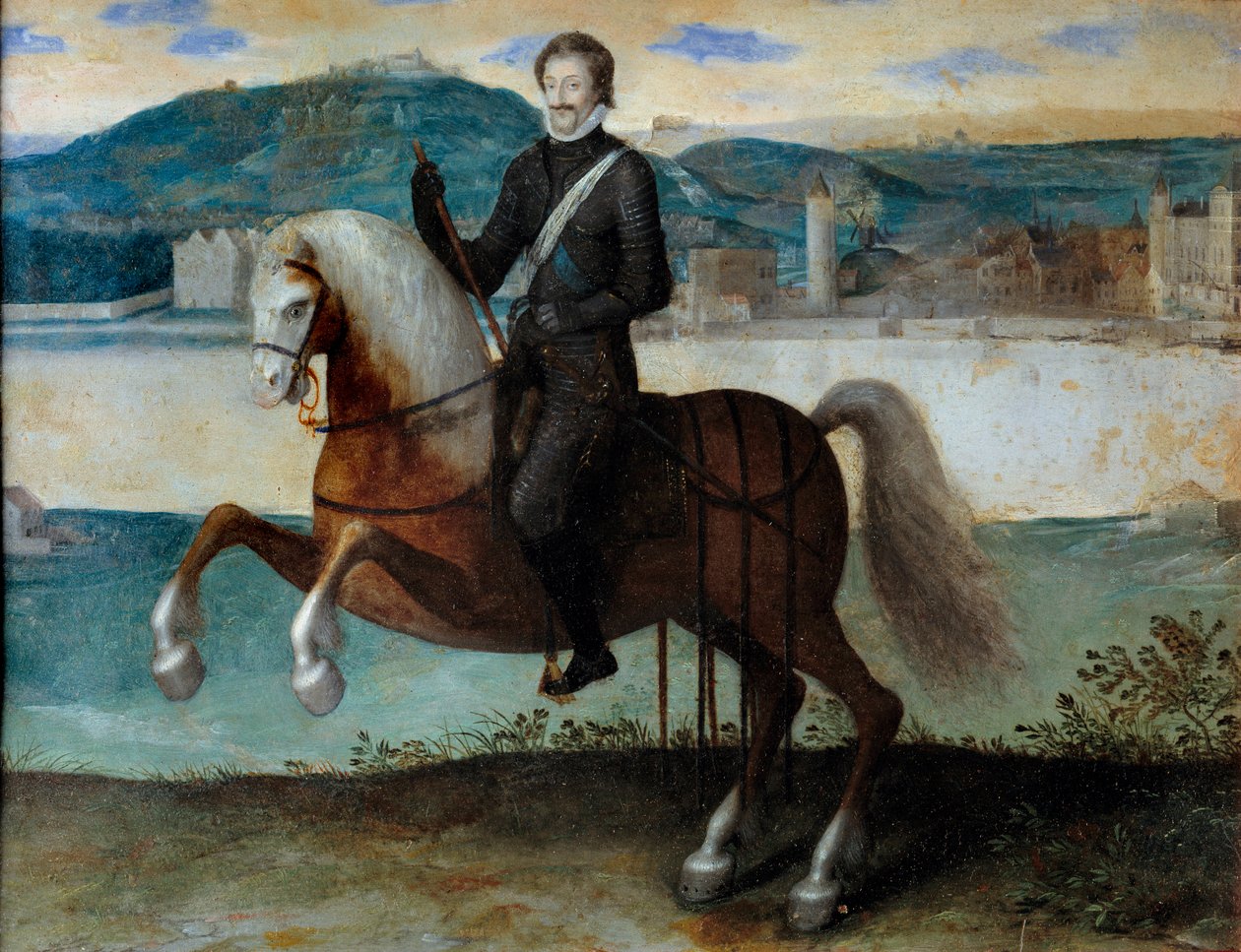 Henri IV:n (1553-1610) ratsastusmuotokuva Pariisin edessä (1594). Anonyymi maalaus. h s/kupari. Mitat: 0,25 x 0,31 m. Pariisi, Musee Carnavalet tekijältä Anonymous Anonymous