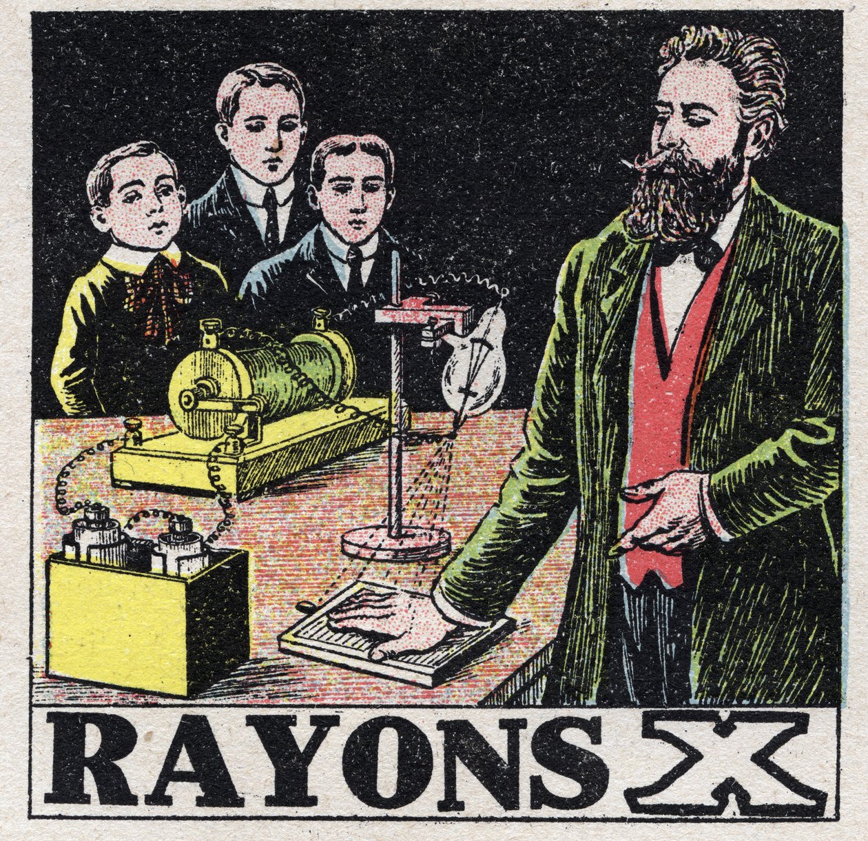 Eetteri (materiaali): saksalaisen fyysikon Wilhelm Conrad Roentgenin tai Roentgenin (1845-1923) löytämät röntgensäteet. Nimetön kuvitus vuodelta 1925. Yksityinen kokoelma. tekijältä Anonymous Anonymous