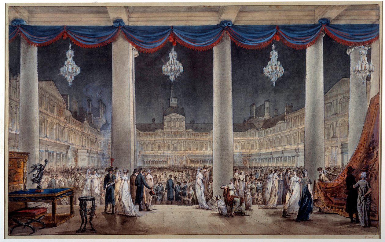 Teollisuustuotteiden näyttely Louvren pihaaukiolla vuonna 1801 Guassi ja anonyymi akvarelli. 1801. Paris, Musee Carnavalet tekijältä Anonymous Anonymous