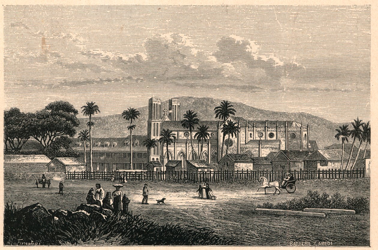 Ulkonäkymä Port of Spainin katedraalista Trinidad ja Tobagossa, Trinidad ja Tobagossa. Louis-Eugene (Louis Eugene) Louvetin kaiverrus "Katoliset lähetystyöt 1800-luvulla". yksityinen kokoelma. tekijältä Anonymous Anonymous