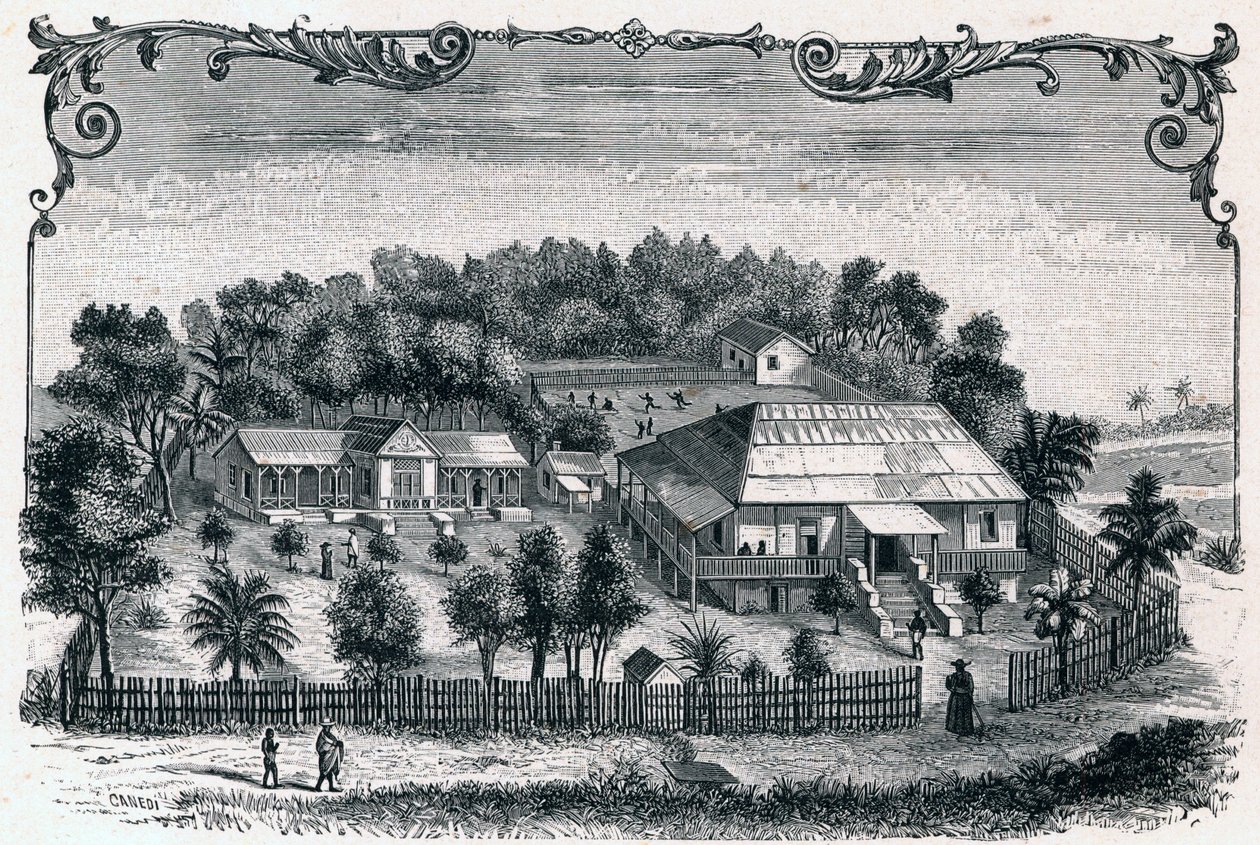 Ulkokuva Hell Villen (Hell-Ville) (Andoany) pappista ja koulusta, Madagaskarin Nosy Be -saaren pääkaupungista. Kaiverrus "Les Missions Catholiques au XIXeme Siecle" Louis-Eugene (Louis Eugene) Louvet. yksityinen kokoelma. tekijältä Anonymous Anonymous