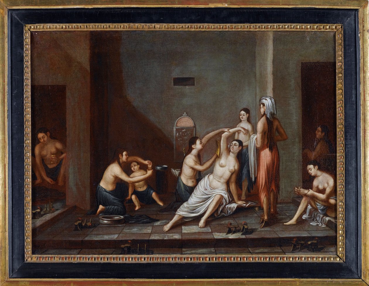 ""Naiset hamamissa pesemässä toisiaan"" (Ladies in the Hammam) Nimetön maalaus 1741 - Öljy kankaalle, 39x53 - Yksityiskokoelma tekijältä Anonymous Anonymous