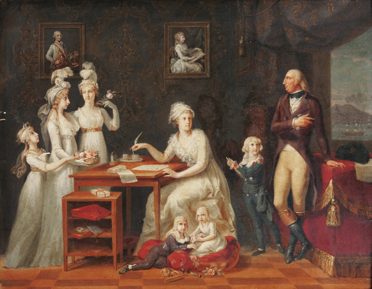 Ferdinand Ier (roi des Deux-Siciles) (1751-1825) - Napolin ja Sisilian kuningas Ferdinand IV perheineen, Anonymous. Öljy puulle, koko: 42x53,3, 1700-luvun loppu, Yksityiskokoelma tekijältä Anonymous Anonymous