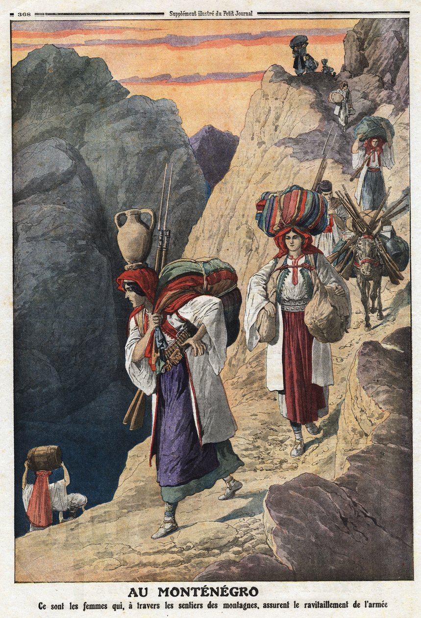 Ensimmäinen Balkanin (Balkanin) sota: Montenegron naiset ylittävät vuoret jalan varmistaakseen aseiden saatavuuden. Kuva otettu julkaisusta "" Le Petite Journal"" 17/11/1912 Yksityinen kokoelma. tekijältä Anonymous Anonymous
