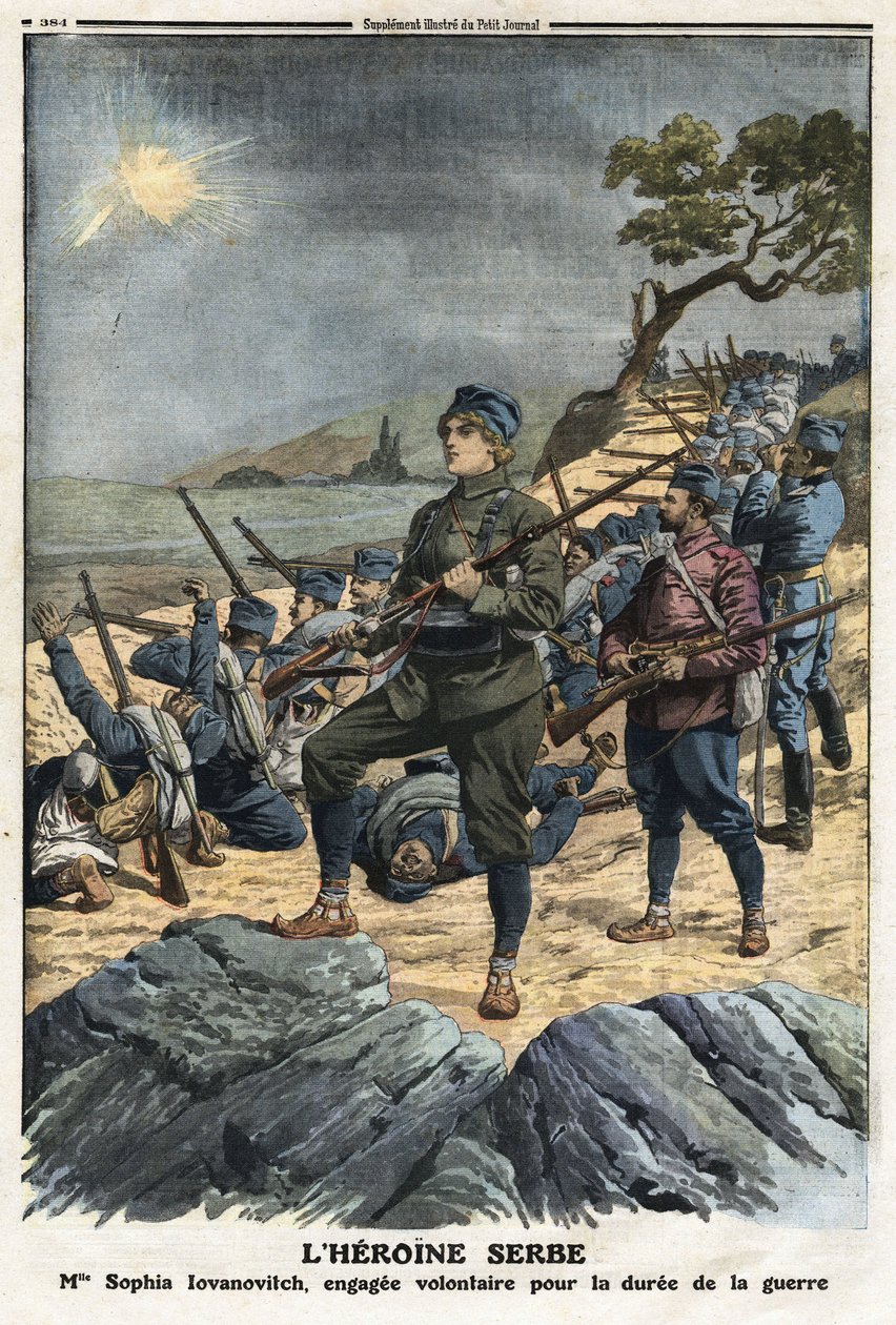 Ensimmäinen Balkanin sota: muotokuva Sophia Yovanovichista, nuoresta serbialaisnaisesta, joka ilmoittautui vapaaehtoiseksi Turkkia vastaan. Kuva otettu "" Le Petite Journalista"" 01/12/1912 Yksityinen kokoelma. tekijältä Anonymous Anonymous