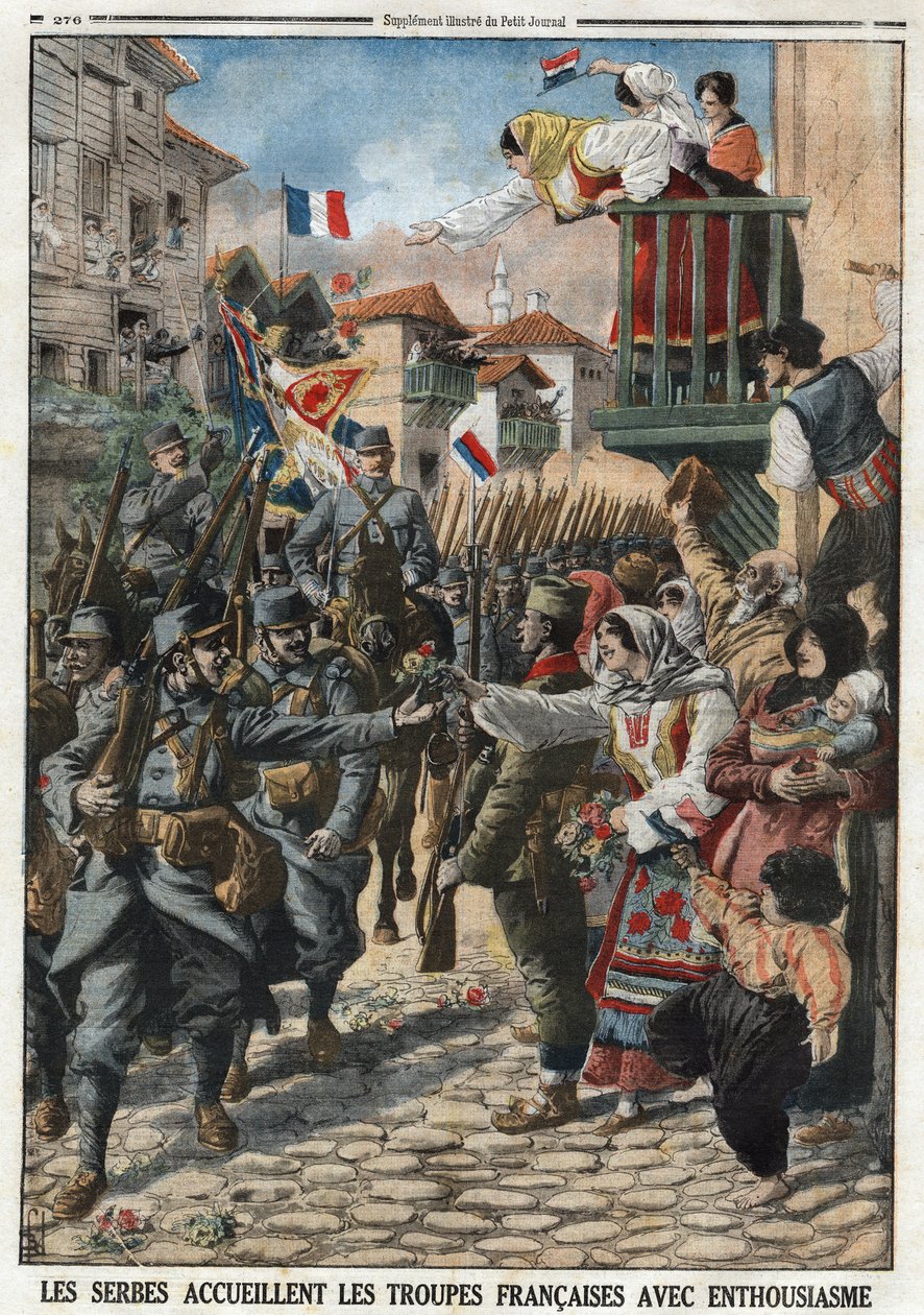 Ensimmäinen maailmansota 1914–1918 (14–18): serbit toivottivat ranskalaiset joukot innostuneiksi. Kaiverrus "" Le Petité Journal" -lehdessä, 24.10.1915. Yksityinen kokoelma. tekijältä Anonymous Anonymous