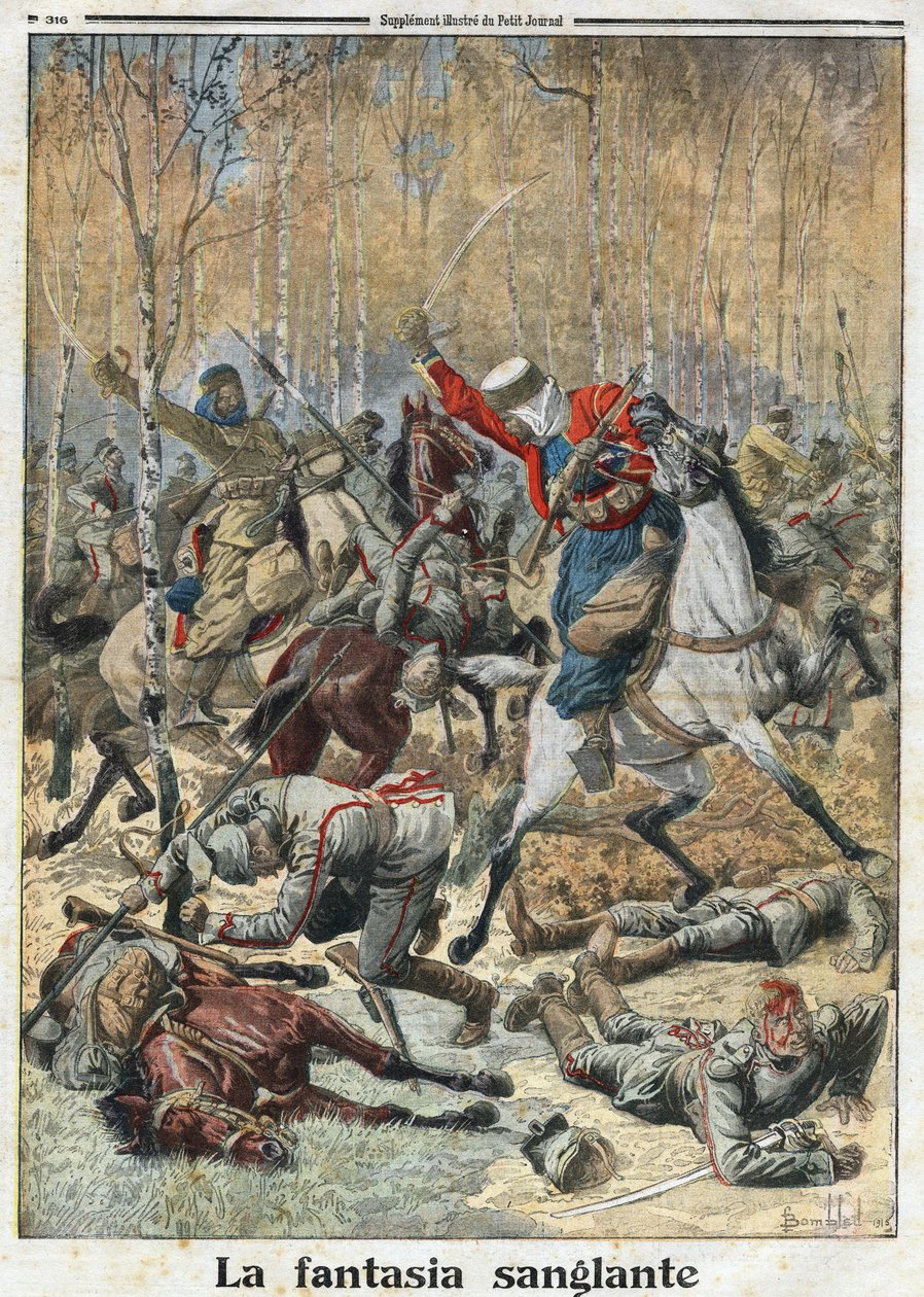 Ensimmäinen maailmansota 1914-1918 (14-18): "Verinen fantasia". Metsässä kolmenkymmenen uhlanin (saksalainen ratsumies keihäs) joukko taisteli kahdeksan voittoisaa algerialaista spahia vastaan. Kaiverrus "" Le Petite Journalissa" 28.11.1915. Yksityinen kok tekijältä Anonymous Anonymous