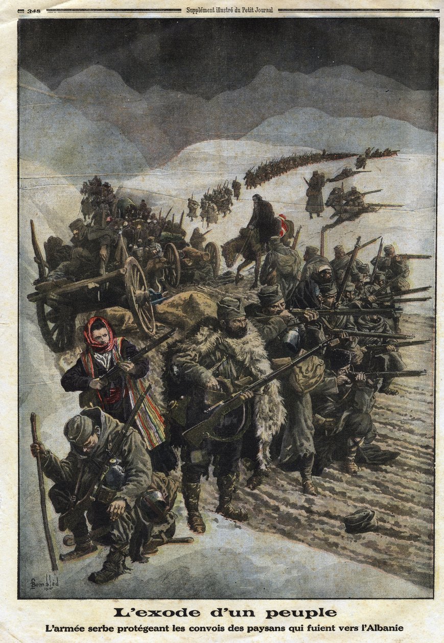 Ensimmäinen maailmansota 1914-1918 (14-18): "Kansan pakosta". Serbian armeija suojelee Serbiasta Albaniaan pakenevia talonpoikien saattueita. Kaiverrus "" Le Petite Journalissa" 26.12.1915. Yksityinen kokoelma. tekijältä Anonymous Anonymous