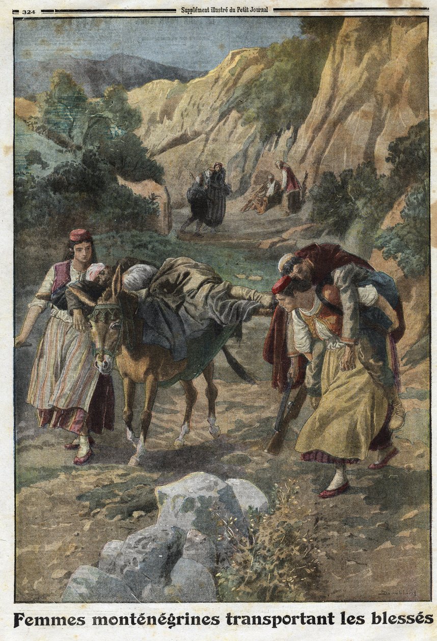 Ensimmäinen maailmansota 1914-1918 (14-18): Montenegron naiset kantoivat sodassa haavoittuneita miehiä keltin selässä tai omilla harteillaan. Kaiverrus "" Le Petite Journalissa" 12.5.1915. Yksityinen kokoelma. tekijältä Anonymous Anonymous