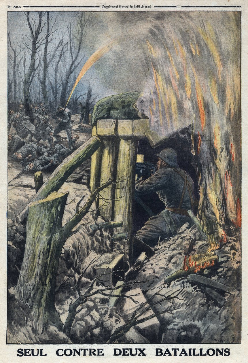 Ensimmäinen maailmansota 1914-1918 (sota 14-18). Ranskalainen upseeri taistelee yksin kahta Saksan armeijan pataljoonaa vastaan Bois de Cauresissa. "" Le Petite Journal" -lehdessä, 14.5.1916. Yksityinen kokoelma tekijältä Anonymous Anonymous