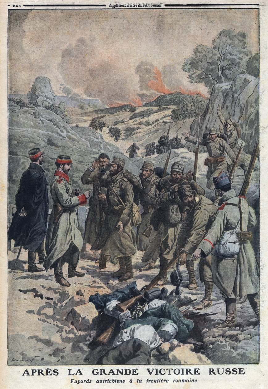 Ensimmäinen maailmansota 1914-1918 (sota 14-18). Venäläisten suuren voiton jälkeen Itävallan armeijaa paenneet heittivät aseensa Romanian rajalle. "" Le Petite Journal" -lehdessä, 2.7.1916. Yksityinen kokoelma tekijältä Anonymous Anonymous